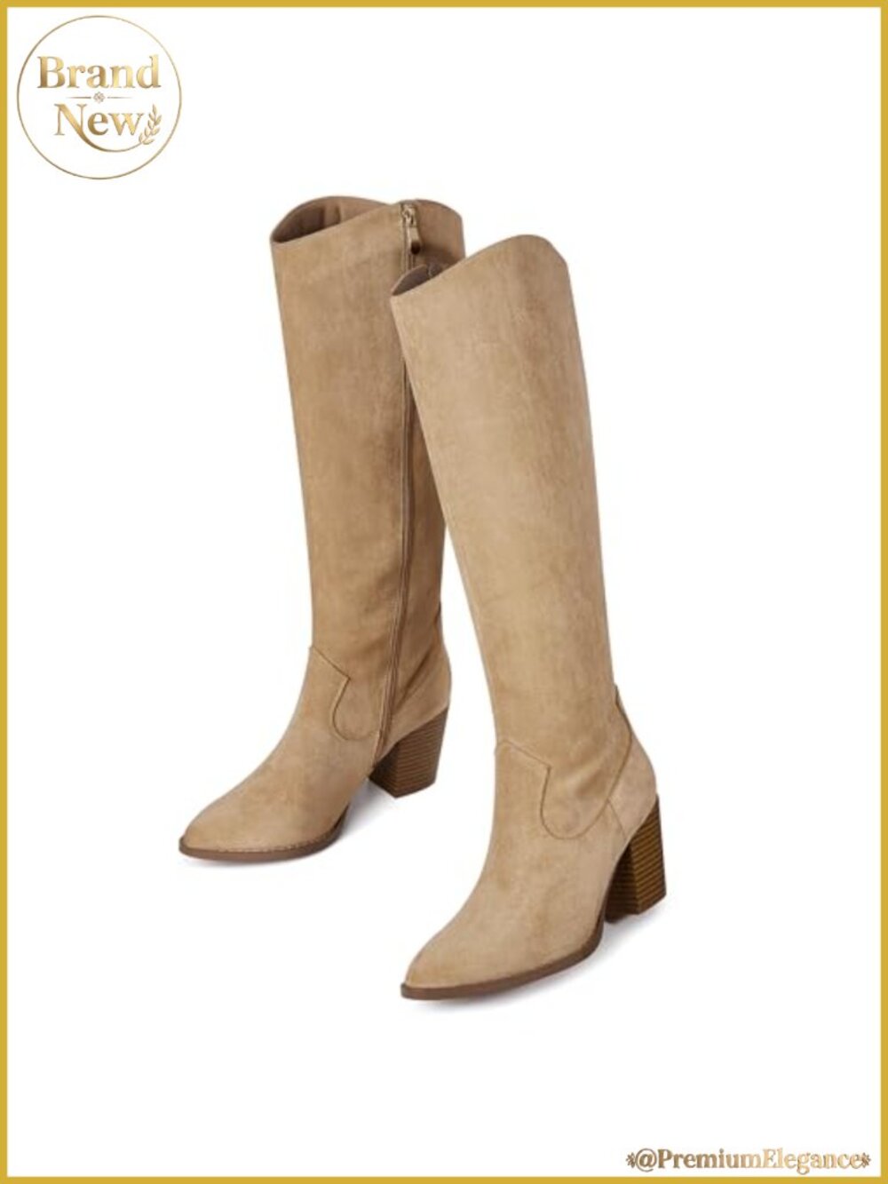 Suede Knee High Boots for Women Chunky Heel Pointed Toe Side Zipper